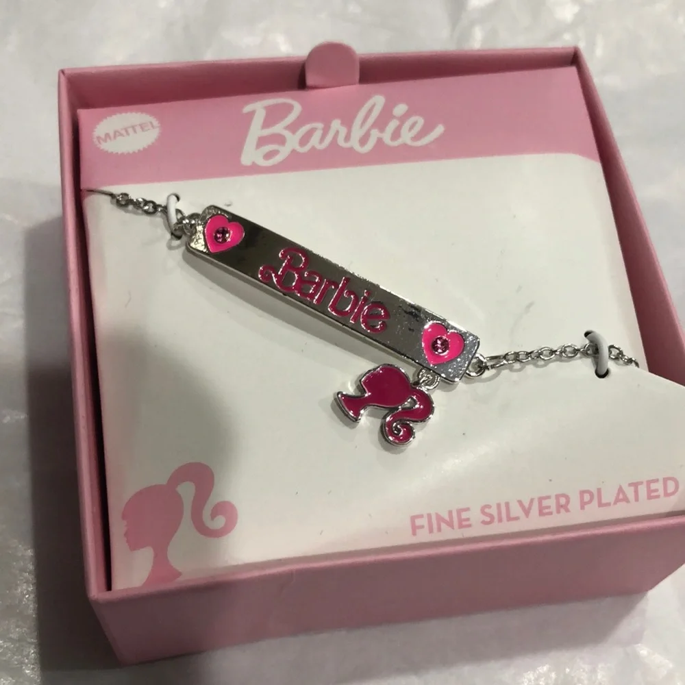 Barbie fine silver plated Barbie charm pink heart printed bar bracelet new‎